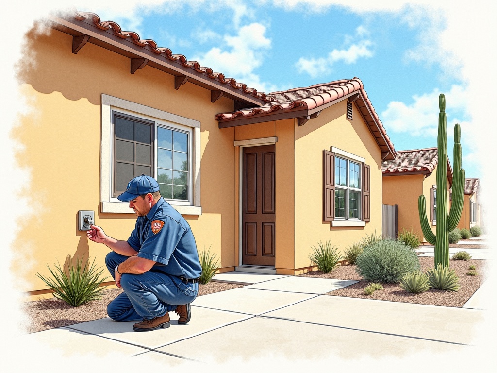 Surprise, AZ A licensed locksmith providing locksmith in Surprise AZ service by installing a new deadbolt on a stucco home in the Marley Park neighborhood