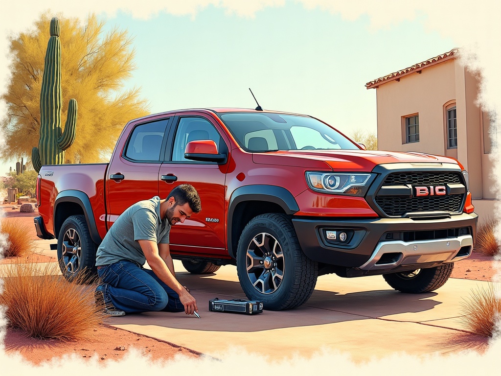 Tempe, AZ A licensed automotive locksmith Tempe AZ professional programming a new transponder key beside a truck in a South Tempe driveway