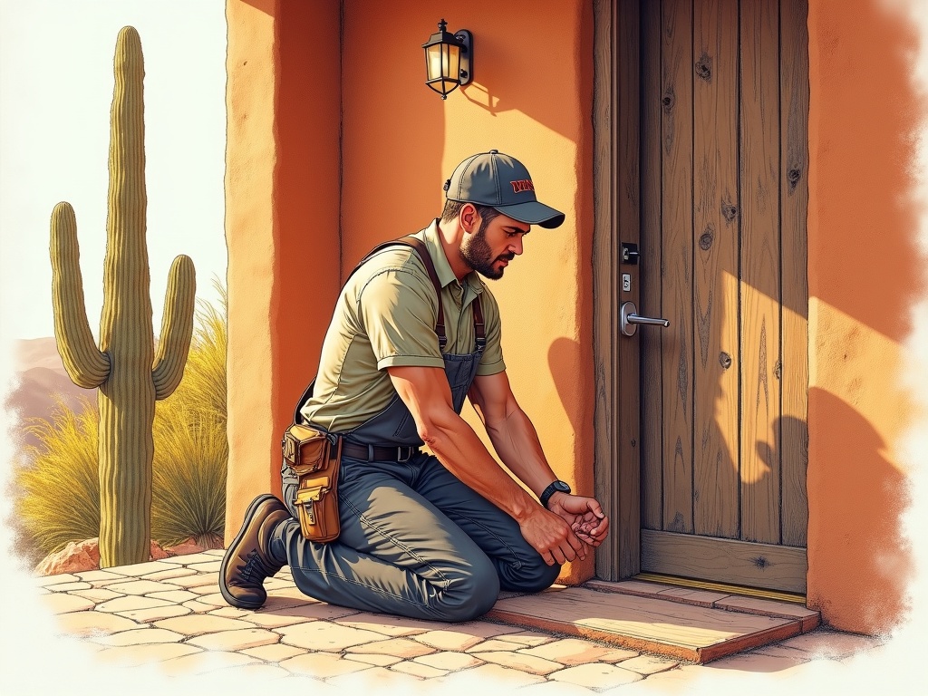Tempe, AZ An automotive locksmith Tempe AZ technician upgrading a residential deadbolt on a mid-century ranch home in the The Lakes neighborhood of Tempe