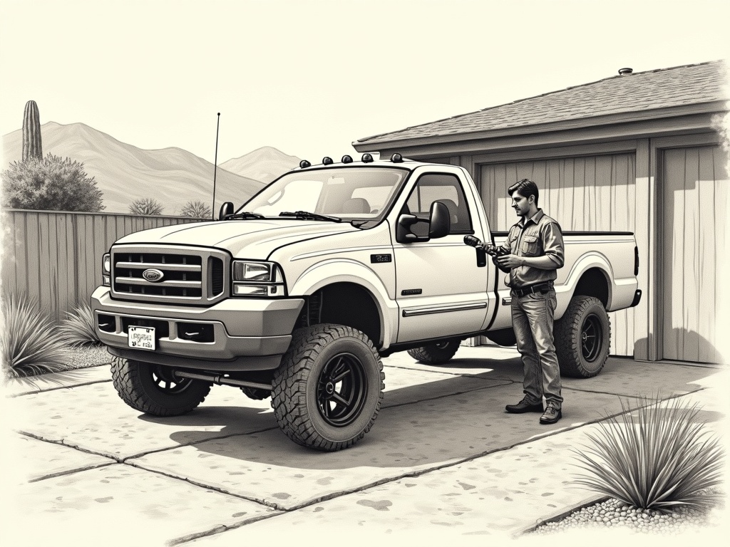 A locksmith in Tolleson AZ performing locksmith in Tolleson AZ car key programming beside a pickup truck on a residential street