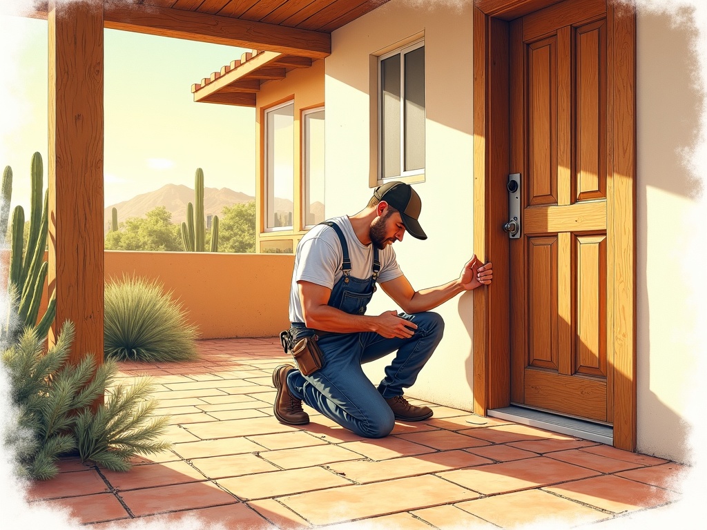 A technician providing locksmith in Tolleson AZ residential deadbolt installation on a home near Veterans Park in Tolleson