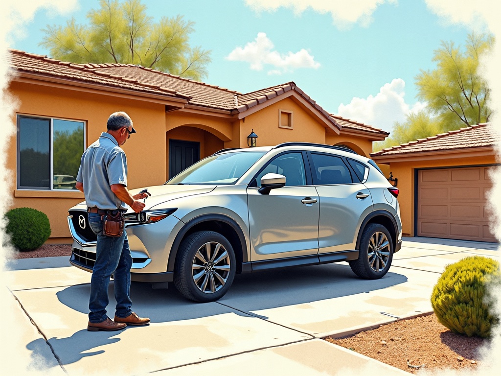 An automotive locksmith Waddell AZ technician programming a replacement transponder key beside an SUV in a Festival Ranch neighborhood driveway