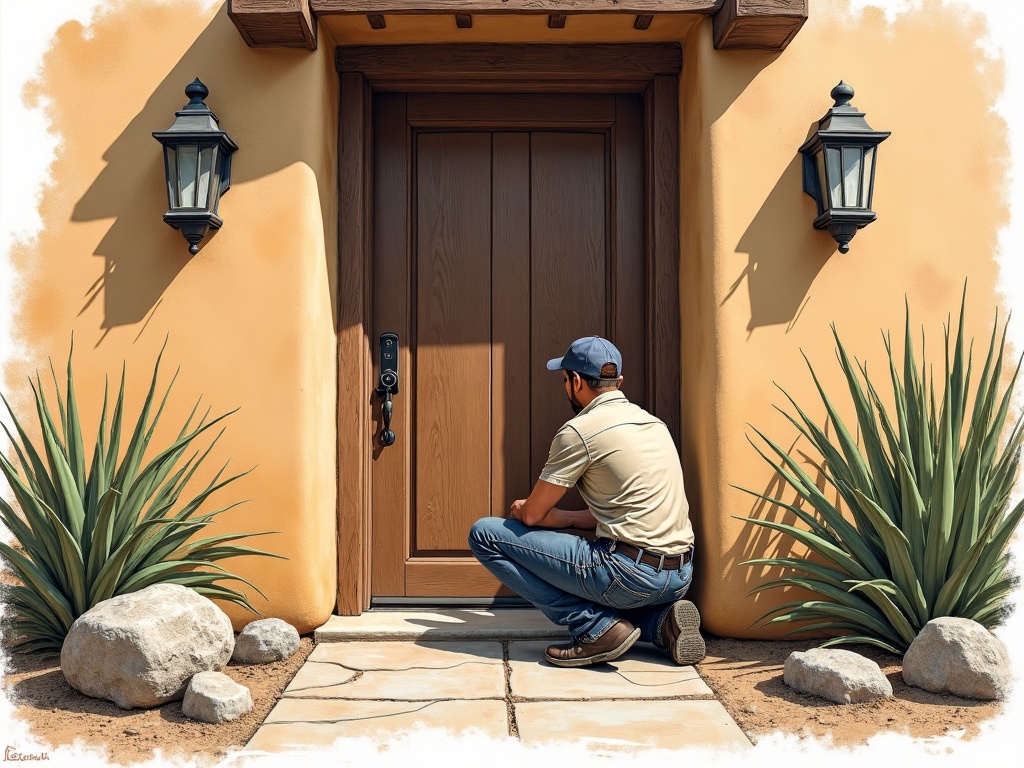 A locksmith performing automotive locksmith Waddell AZ residential deadbolt installation on a stucco home in the Granite Vista community near Perryville Road
