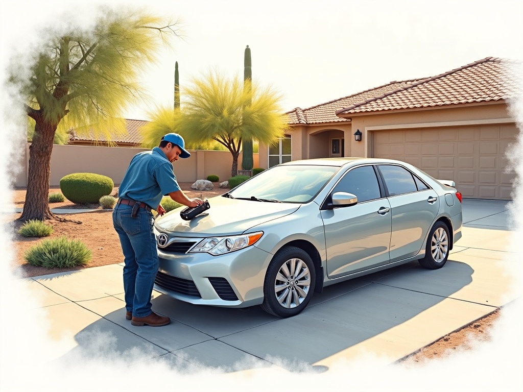 Youngtown, AZ A mobile technician performing locksmith in Youngtown AZ automotive key programming in the Agua Fria Ranch subdivision